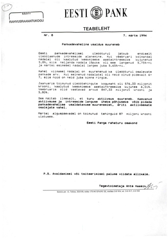 Eesti Pank : teabeleht ; 8 1994-03-07
