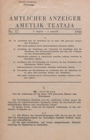 Ametlik Teataja. I/II osa = Amtlicher Anzeiger. I/II Teil ; 17 1944-08-03