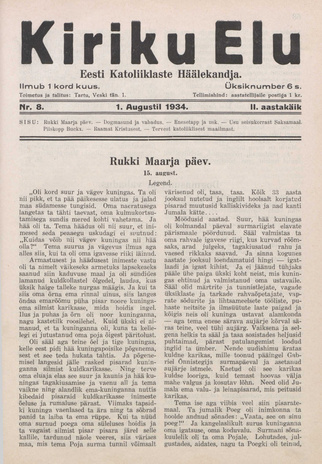 Kiriku Elu : Eesti Katoliiklaste Häälekandja ; 8 1934-08-01