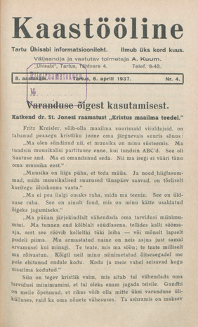 Kaastööline : Tartu Ühisabi Informatsioonileht ; 4 1937-04-06