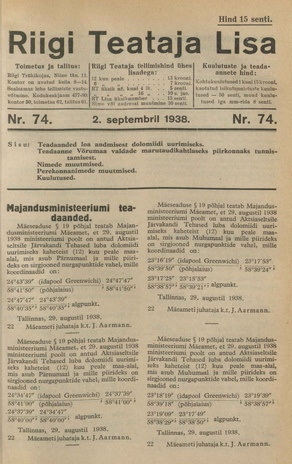 Riigi Teataja Lisa : seaduste alustel avaldatud teadaanded ; 74 1938-09-02