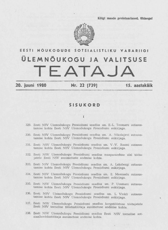 Eesti Nõukogude Sotsialistliku Vabariigi Ülemnõukogu ja Valitsuse Teataja ; 22 (739) 1980-06-20