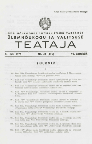 Eesti Nõukogude Sotsialistliku Vabariigi Ülemnõukogu ja Valitsuse Teataja ; 21 (495) 1975-05-23