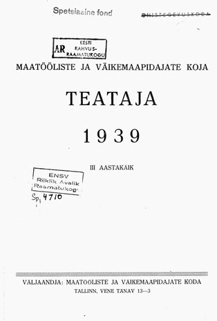 Maatööliste ja Väikemaapidajate Koja Teataja ; sisukord 1939