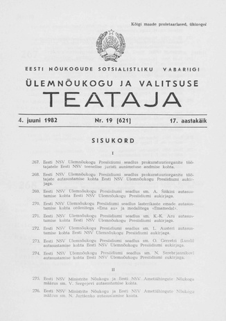 Eesti Nõukogude Sotsialistliku Vabariigi Ülemnõukogu ja Valitsuse Teataja ; 19 (621) 1982-06-04