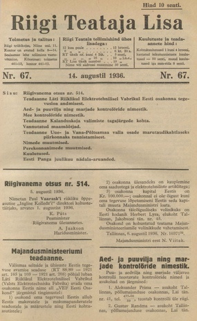 Riigi Teataja Lisa : seaduste alustel avaldatud teadaanded ; 67 1936-08-14