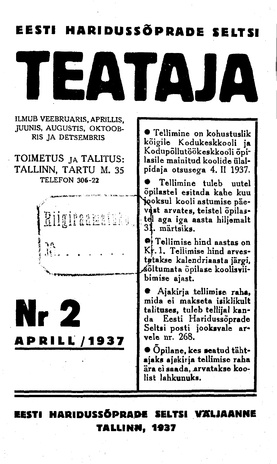 Eesti Haridussõprade Seltsi Teataja ; 2 1937-04