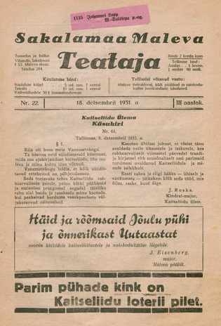 Sakalamaa Maleva Teataja ; 22 1931-12-18