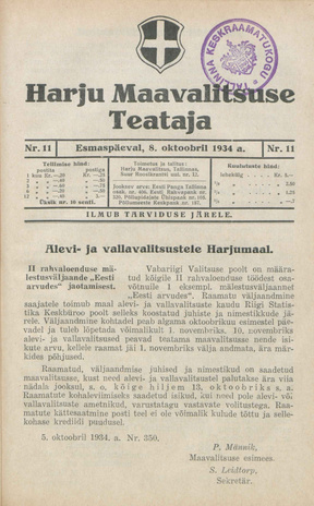 Harju Maavalitsuse Teataja ; 11 1934-10-08