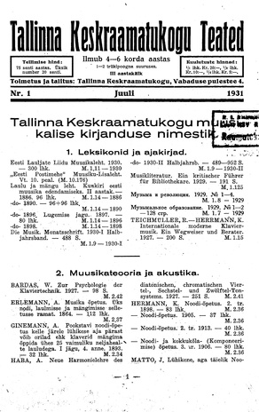 Tallinna Keskraamatukogu Teated ; 1 1931-07