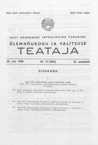 Eesti Nõukogude Sotsialistliku Vabariigi Ülemnõukogu ja Valitsuse Teataja ; 21 (846) 1988-05-20