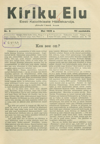 Kiriku Elu : Eesti Katoliiklaste Häälekandja ; 5 1939-05-12