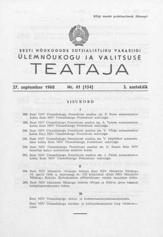 Eesti Nõukogude Sotsialistliku Vabariigi Ülemnõukogu ja Valitsuse Teataja ; 41 (154) 1968-09-27