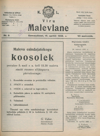 K. L. Viru Malevlane ; 8 1935-04-15