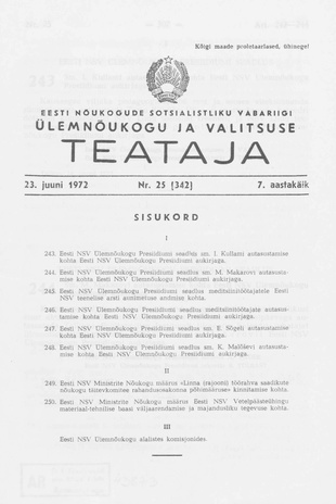 Eesti Nõukogude Sotsialistliku Vabariigi Ülemnõukogu ja Valitsuse Teataja ; 25 (342) 1972-06-23
