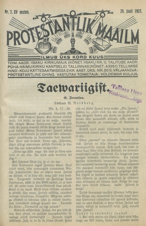 Protestantlik Maailm : Usu- ja kirikuküsimusi käsitlev vabameelne ajakiri ; 7 1937-07-27