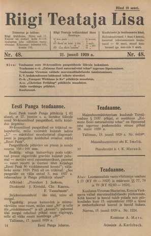 Riigi Teataja Lisa : seaduste alustel avaldatud teadaanded ; 48 1929-06-21