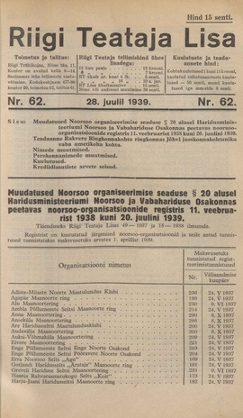 Riigi Teataja Lisa : seaduste alustel avaldatud teadaanded ; 62 1939-07-28