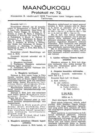 Maanõukogu protokoll nr.72 (3. veebruar 1919)