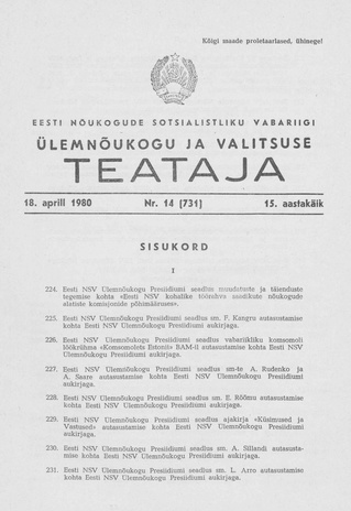 Eesti Nõukogude Sotsialistliku Vabariigi Ülemnõukogu ja Valitsuse Teataja ; 14 (731) 1980-04-18