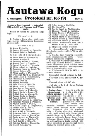 Asutawa Kogu protokoll nr.163 (9) (1. detsember 1920)