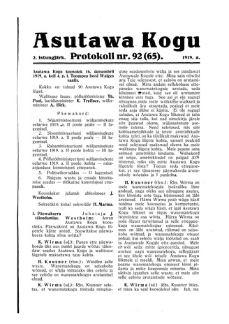 Asutawa Kogu protokoll nr.92 (65) (16. detsember 1919)