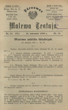 Pärnumaa Maleva Teataja ; 21 (25) 1929-11-10
