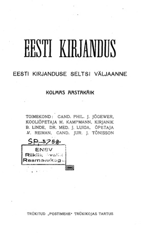 Eesti Kirjandus ; sisukord 1908