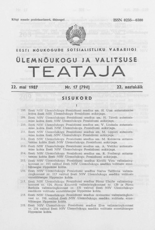 Eesti Nõukogude Sotsialistliku Vabariigi Ülemnõukogu ja Valitsuse Teataja ; 17 (794) 1987-05-22