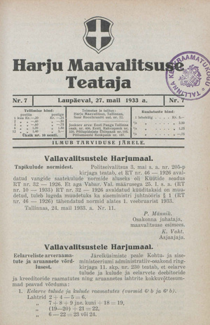 Harju Maavalitsuse Teataja ; 7 1933-05-27