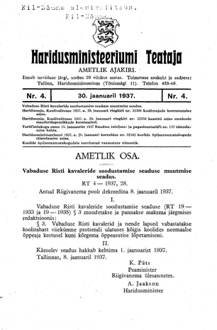 Haridusministeeriumi Teataja ; 4 1937-01-30
