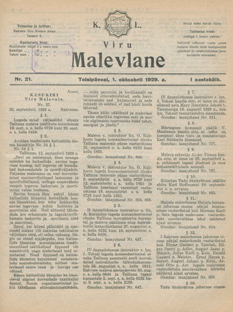 K. L. Viru Malevlane ; 21 1929-10-01