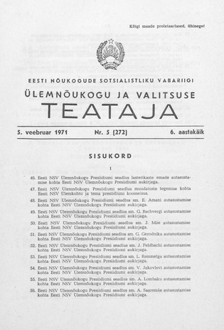 Eesti Nõukogude Sotsialistliku Vabariigi Ülemnõukogu ja Valitsuse Teataja ; 5 (272) 1971-02-05