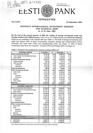 Eesti Pank : newsletter ; 6 (237) 2003-09-22