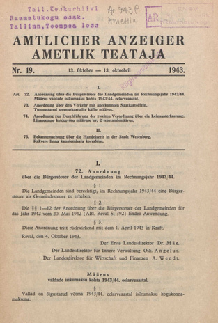 Ametlik Teataja. I/II osa = Amtlicher Anzeiger. I/II Teil ; 19 1943-10-13