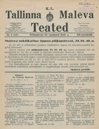 K. L. Tallinna Maleva Teated ; 3 (421) 1940-01-25