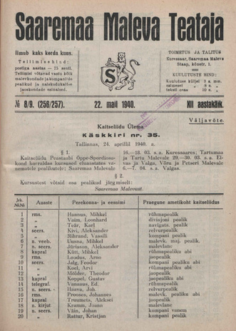 Saaremaa Maleva Teataja ; 8/9 (256/257) 1940-05-22