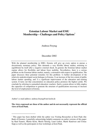 Estonian labour market and EMU membership - challenges and policy options (Eesti Panga toimetised / Working Papers of Eesti Pank ; 11)