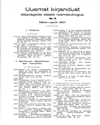 Uuemat Kirjandust Kaitsevägede Staabi raamatukogus ; 2 1937