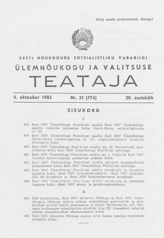 Eesti Nõukogude Sotsialistliku Vabariigi Ülemnõukogu ja Valitsuse Teataja ; 31 (774) 1985-10-04