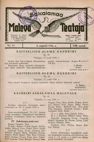 Sakalamaa Maleva Teataja ; 15 1936-08-06