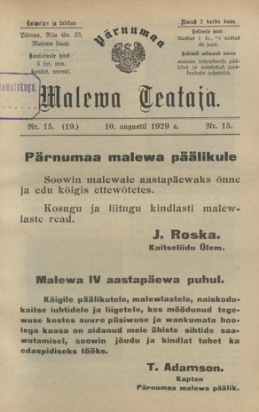 Pärnumaa Maleva Teataja ; 15 (19) 1929-08-10