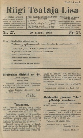 Riigi Teataja Lisa : seaduste alustel avaldatud teadaanded ; 27 1938-03-29