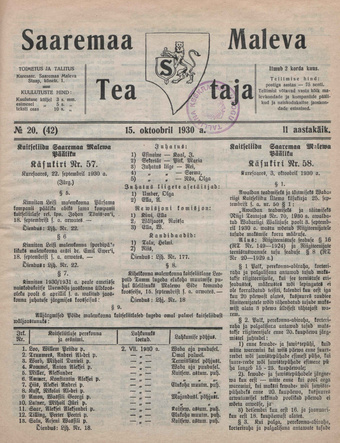 Saaremaa Maleva Teataja ; 20 (42) 1930-10-15