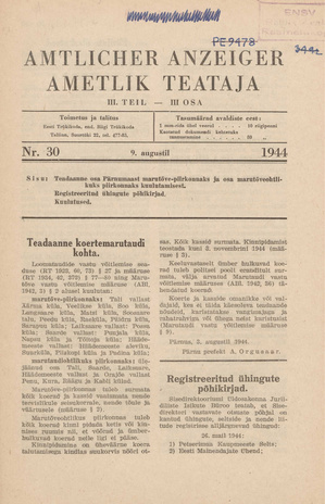 Ametlik Teataja. III osa = Amtlicher Anzeiger. III Teil ; 30 1944-08-09