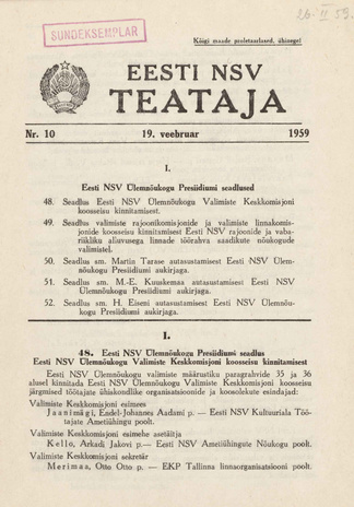 Eesti NSV Teataja = Ведомости Эстонской ССР ; 10 1959-02-19