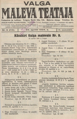 Valga Maleva Teataja ; 8 (114) 1934-04-26