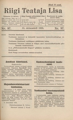 Riigi Teataja Lisa : seaduste alustel avaldatud teadaanded ; 97 1933-12-15