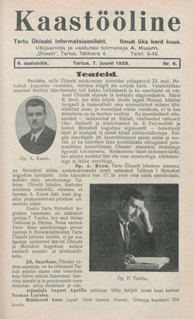 Kaastööline : Tartu Ühisabi Informatsioonileht ; 6 1938-06-07