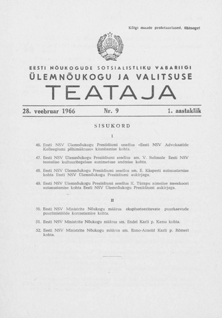 Eesti Nõukogude Sotsialistliku Vabariigi Ülemnõukogu ja Valitsuse Teataja ; 9 1966-02-28